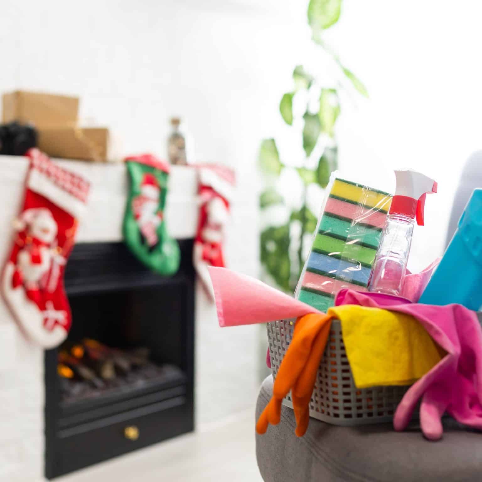 Winter cleaning products on sofa